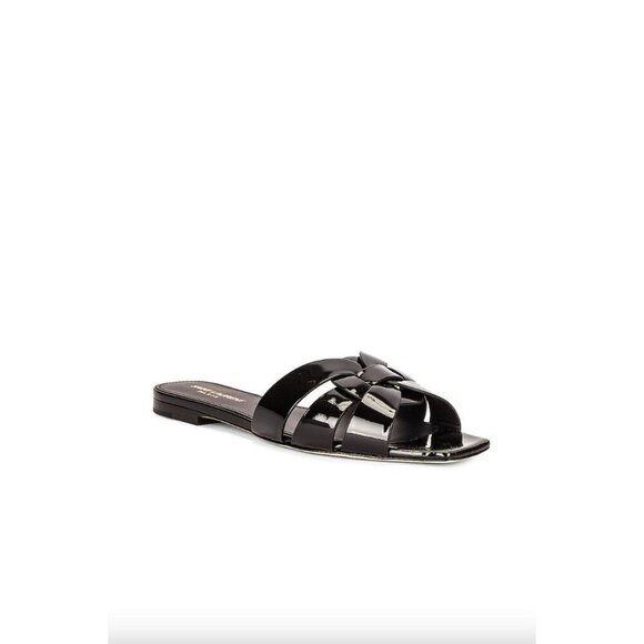Saint Laurent Tribute Mule Patent Leather Slide Sandals Black Womens Size 36 6 - Picture 1 of 10